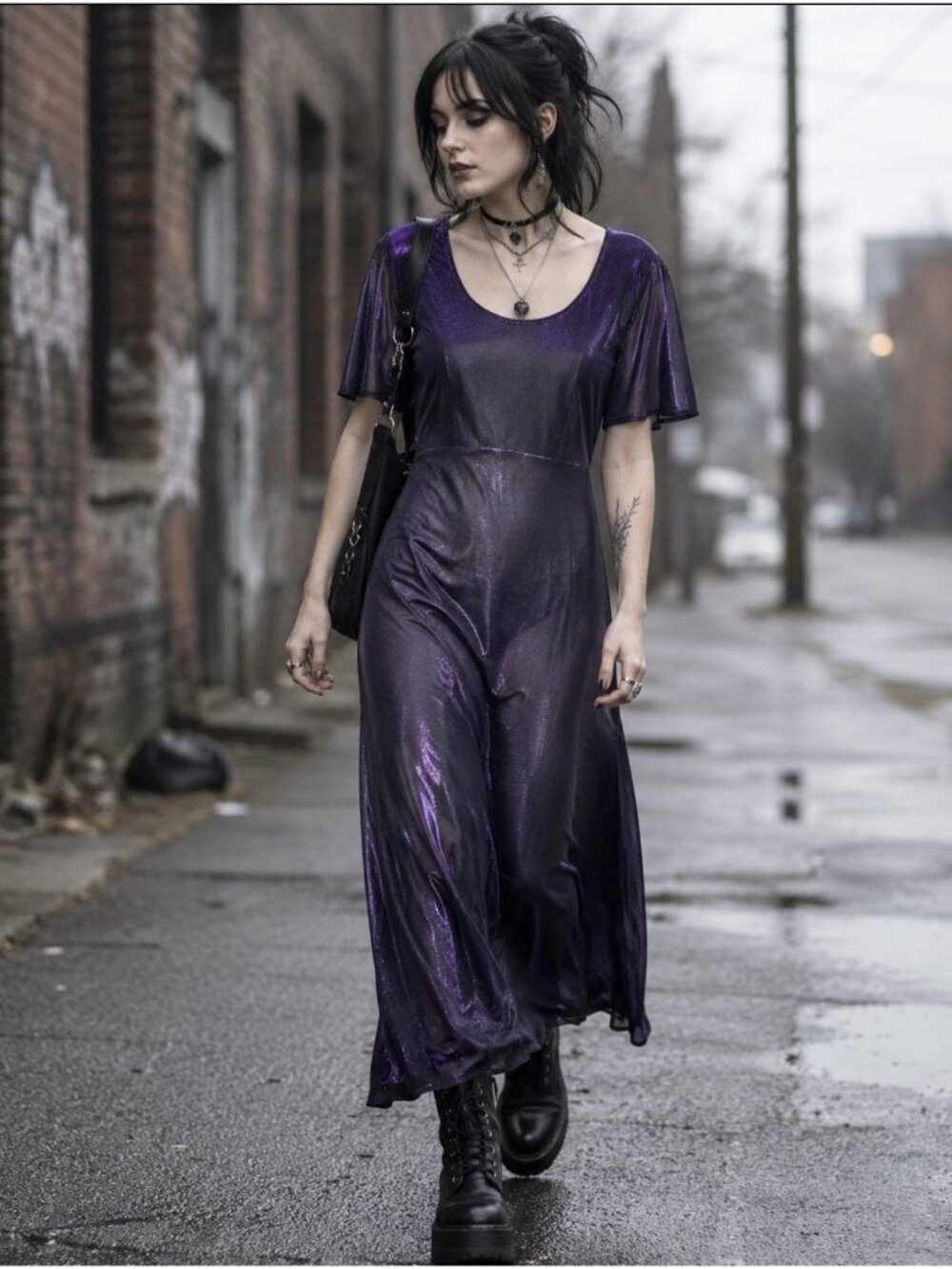 Vtg 90s Purple Metallic Maxi Dress Sz 6 Small Whimsigoth Fairy Tie Back Witchy